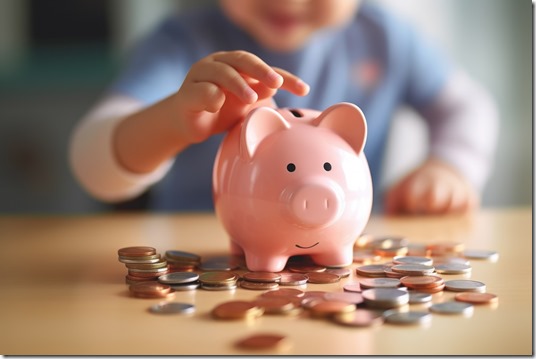 A child learns to save with his pink piggy bank,A prosperous future begins with small savings