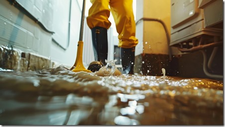 Taking out floodwater in a basement or electrical room after a leak. Concept Flooded Basement, Leaking Pipes, Electrical Hazards, Emergency Restoration