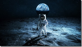 Astronaut walks on the surface of the moon overlooking the blue planet Earth. Lunar mission and exploration. Space man on the moon