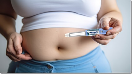 Ozempic Semaglutide Injection Diabetes Drug Being Used For Weight Loss. A Woman Holding an Ozempic Injection Pen in Front of Her Stomach.