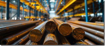 Stacked metal rods in a warehouse, highlighting industrial manufacturing and raw material storage.