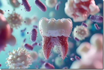 Conceptual visualization of airborne germs and bacteria affecting a human tooth, showing dental health impacts. --ar 3:2 --v 6.1 Job ID: afdc7076-b65b-4be9-8cf6-90ac287c7507