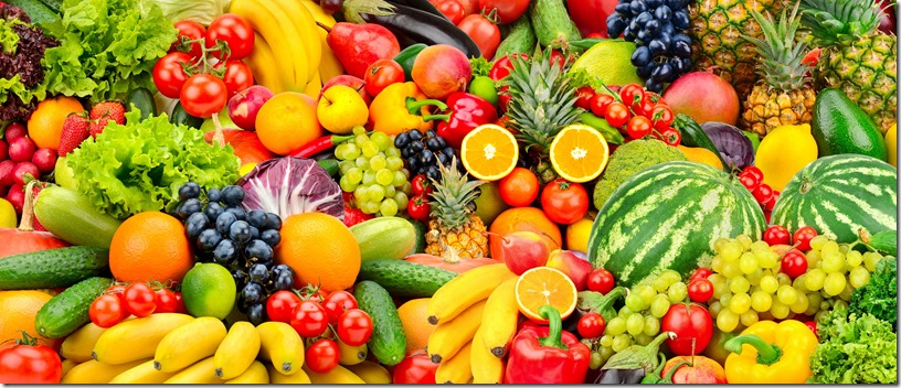 Assorted fresh ripe fruits and vegetables. Food concept background.