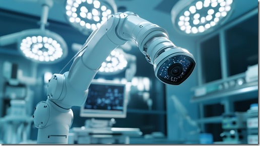 A robotic arm with a camera in a medical operating room. Suitable for medical technology concepts hyper realistic --ar 16:9 --v 6.1 Job ID: 6a6e6e85-12e8-4968-b298-4e20a20d8e53