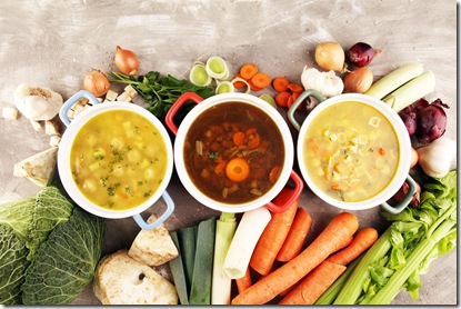 Set of soups from worldwide cuisines, healthy food. Broth with noodles, beef soup and broth with marrow dumplings. All soups with healthy vegetables on table
