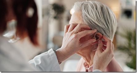 Doctor, senior woman and consultation for hearing aid with geriatric support, tinnitus and help for
